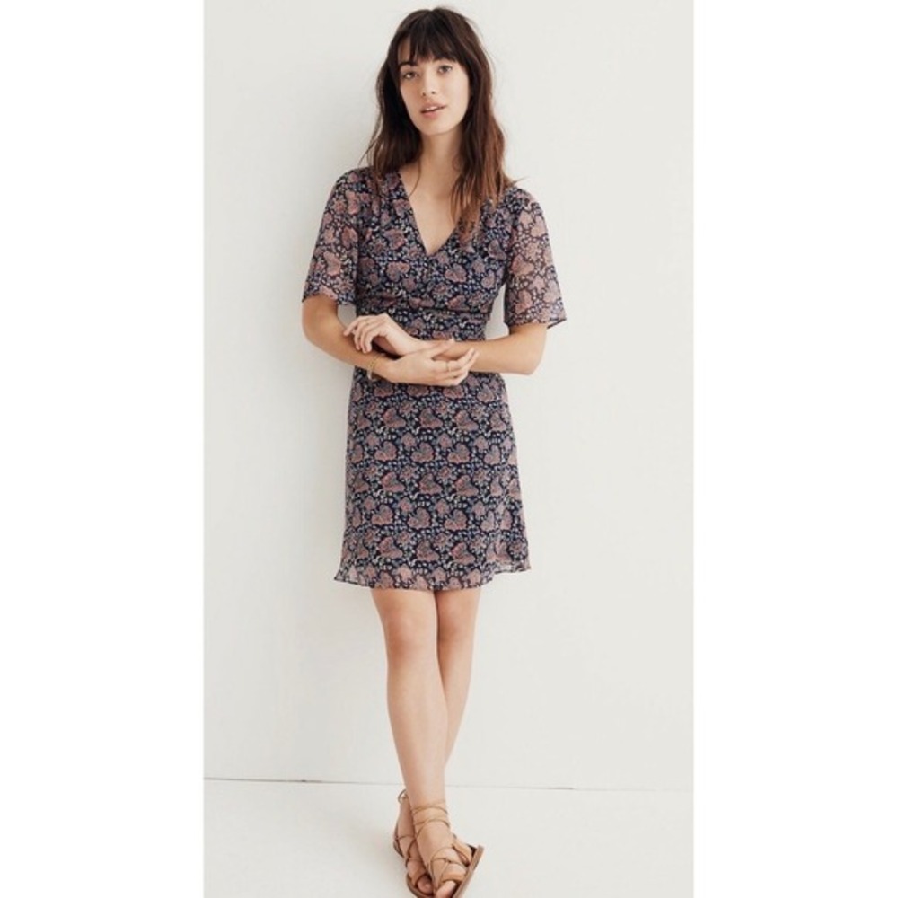 Madewell Orchard Flutter Sleeve Floral V-Neck Mini Dress Navy Blue Pink Size 0